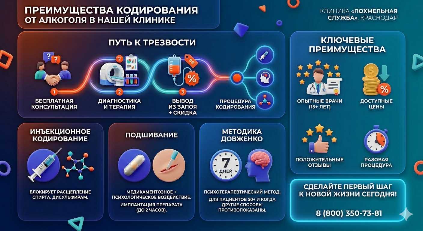 Инфографика о методах кодирования от алкоголя в Усть-Кинельском: инъекции, подшивание, метод Довженко. Преимущества клиники и этапы лечения.